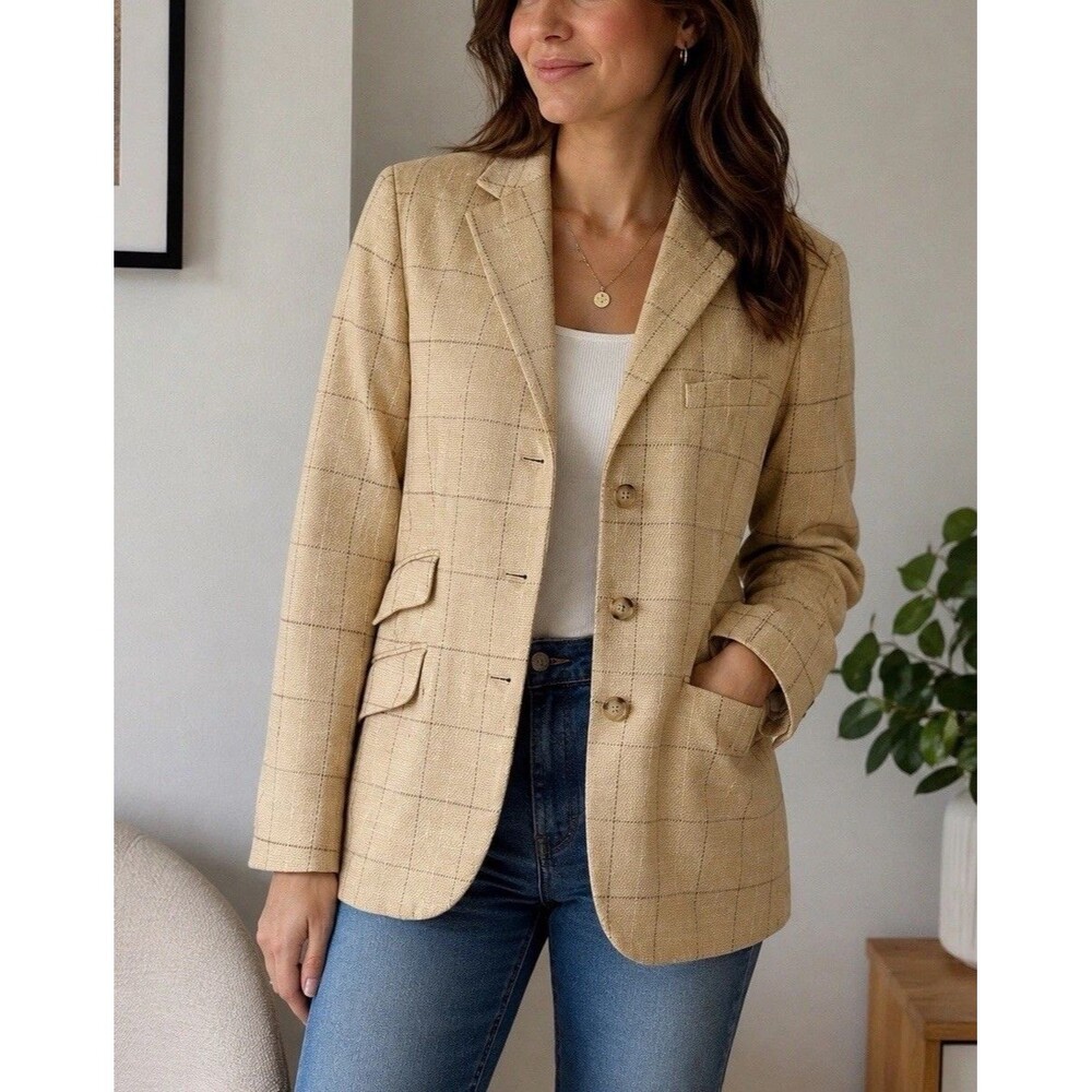 Lauren Ralph Lauren Womens 14 Beige Windowpane Wool Linen Blend Blazer Jacket